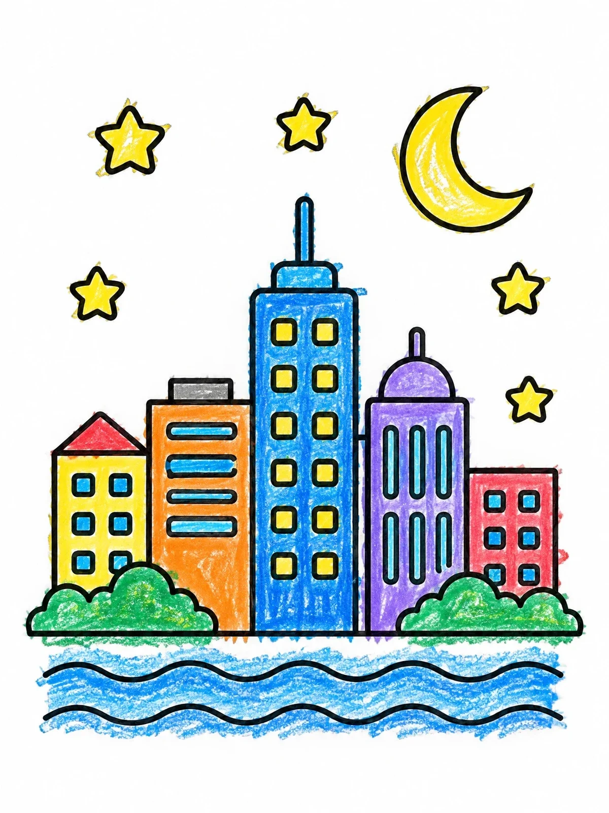 Colored example of the City Skyline Under Night Sky coloring page