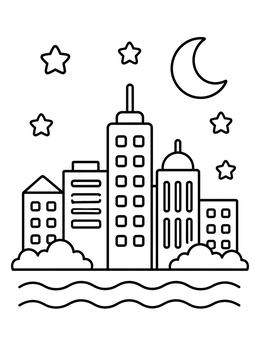 Free printable City Skyline Under Night Sky coloring page
