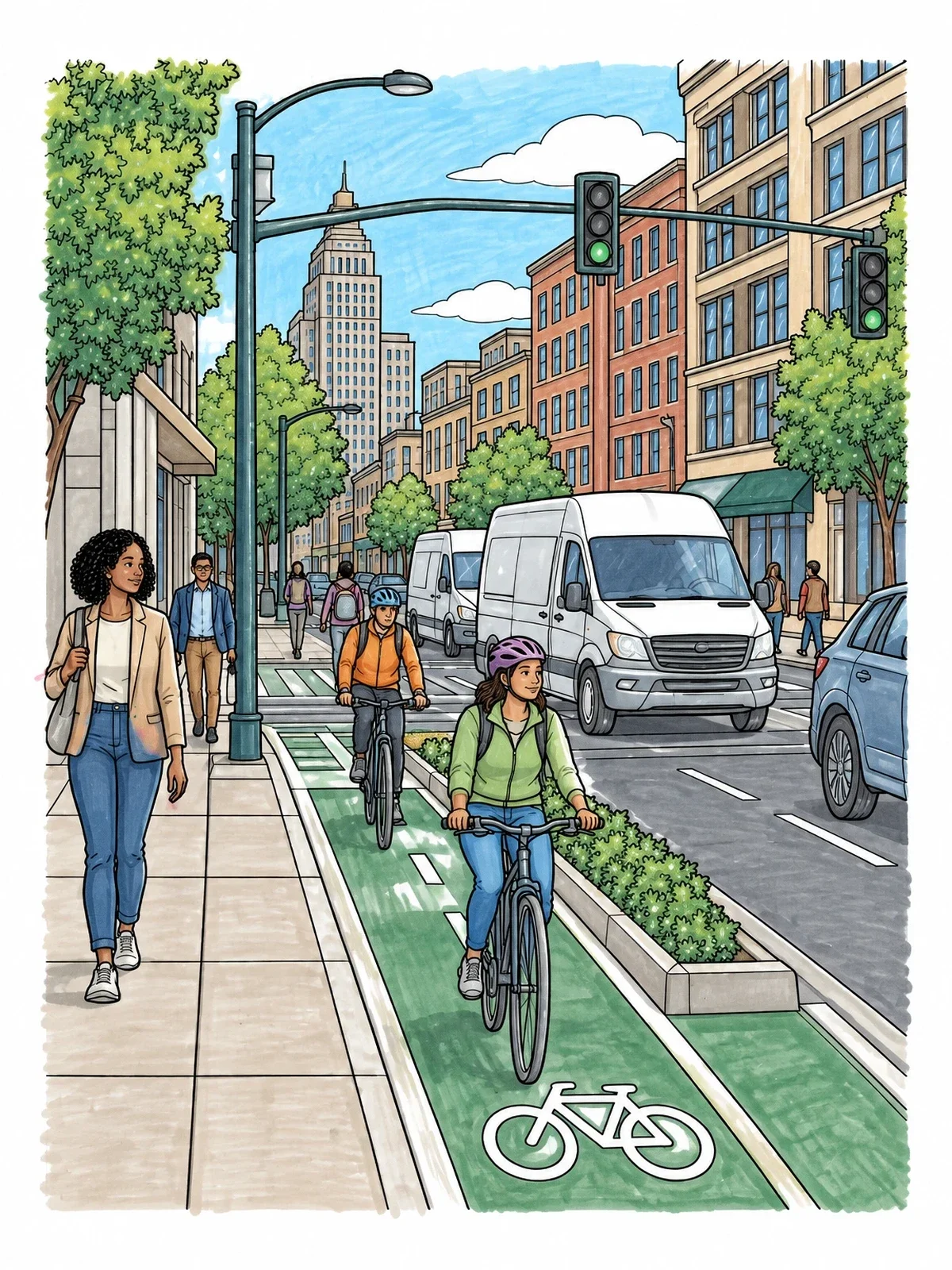 Colored example of the Busy City Street With Bike Lane coloring page