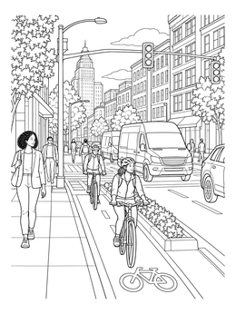 Cyclists ride on a protected bike lane in this city coloring page with traffic and tall buildings.