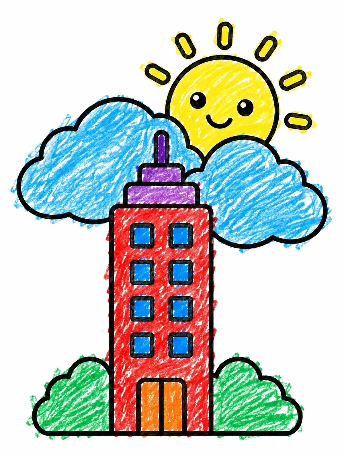 Colored example of the Skyscraper With Cheerful Sun And Clouds coloring page