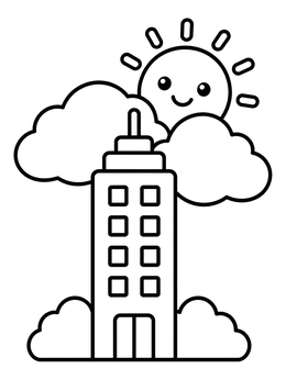 Free printable Skyscraper With Cheerful Sun And Clouds coloring page
