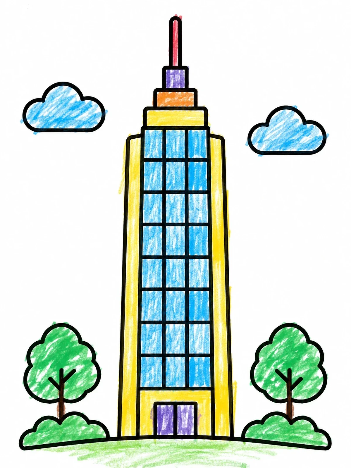 Colored example of the Tall Skyscraper With Spire And Trees coloring page