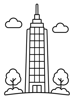 Free printable Tall Skyscraper With Spire And Trees coloring page