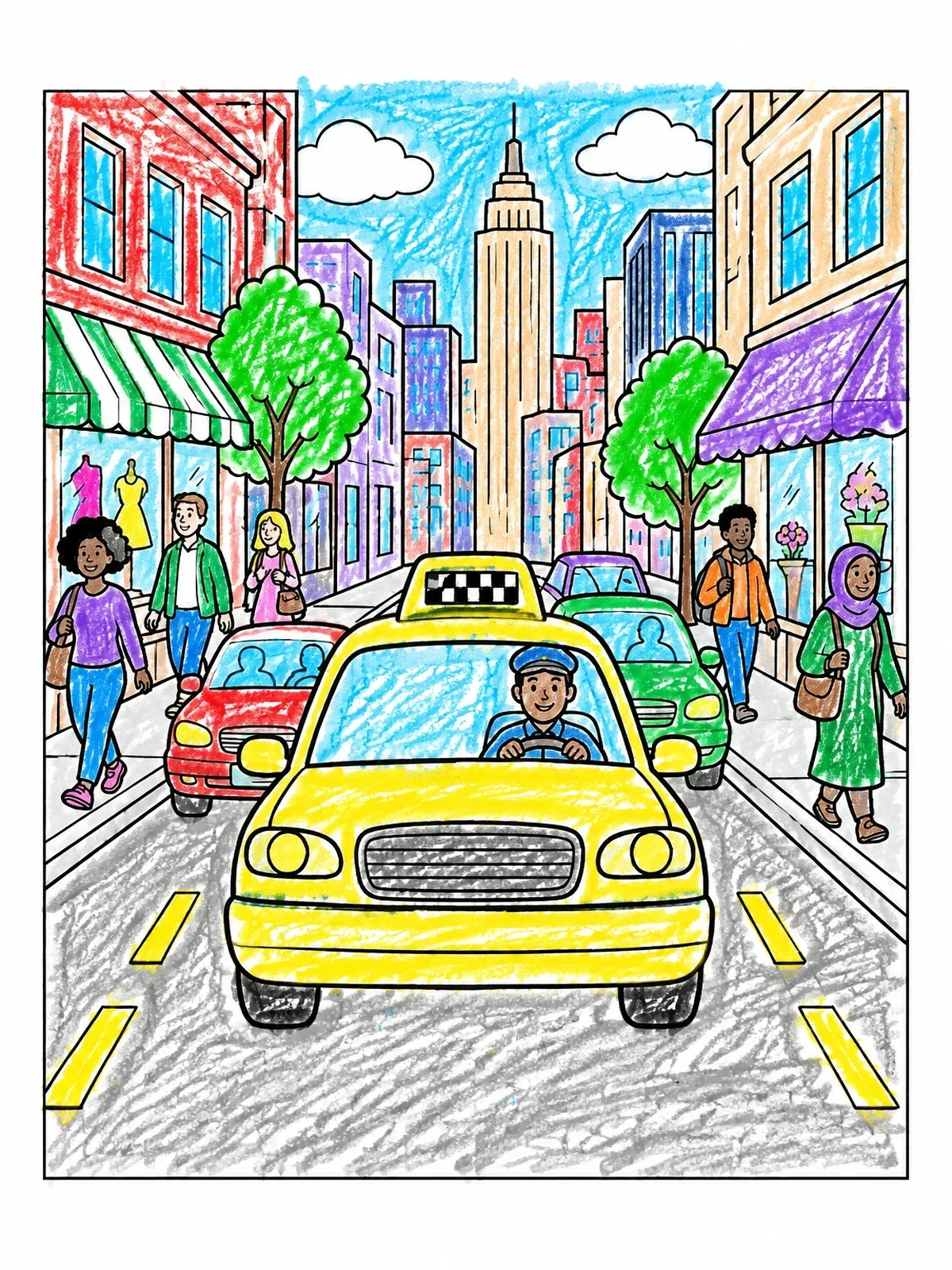 Colored example of the City Taxi Driving Through Midtown coloring page