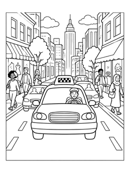 Free printable City Taxi Driving Through Midtown coloring page