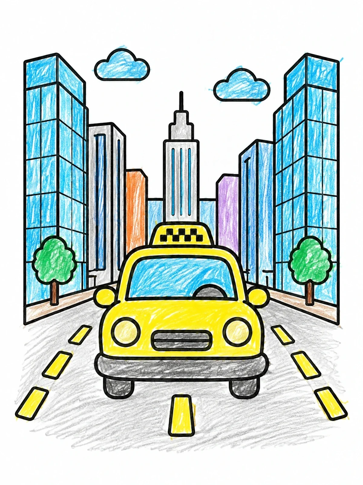 Colored example of the City Taxi On Downtown Street coloring page