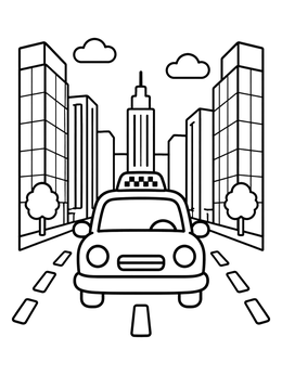 Free printable City Taxi On Downtown Street coloring page