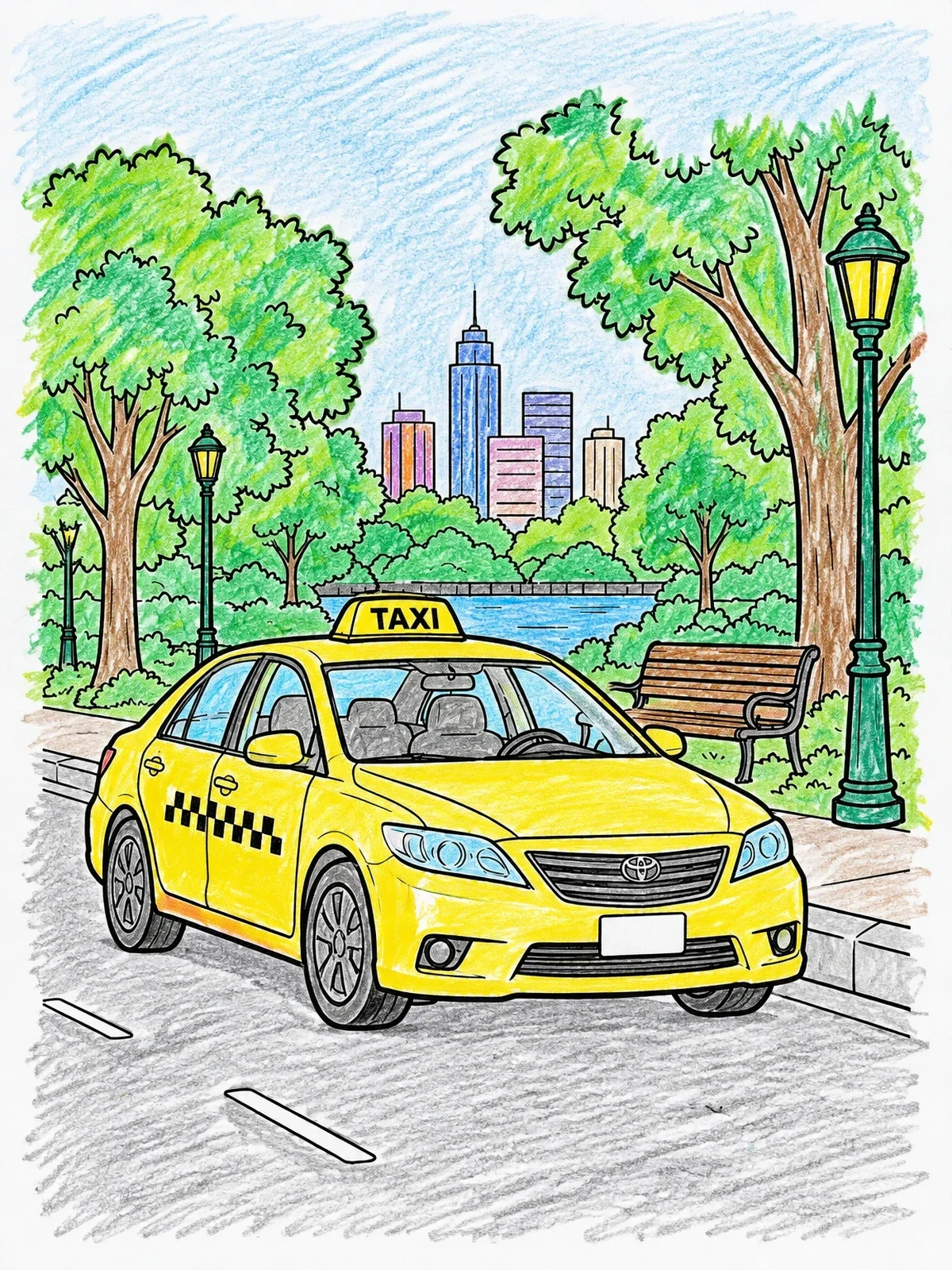Colored example of the City Taxi By The Park coloring page