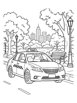 A modern taxi coloring page parked by a city park curb with trees and skyscrapers in the distance.