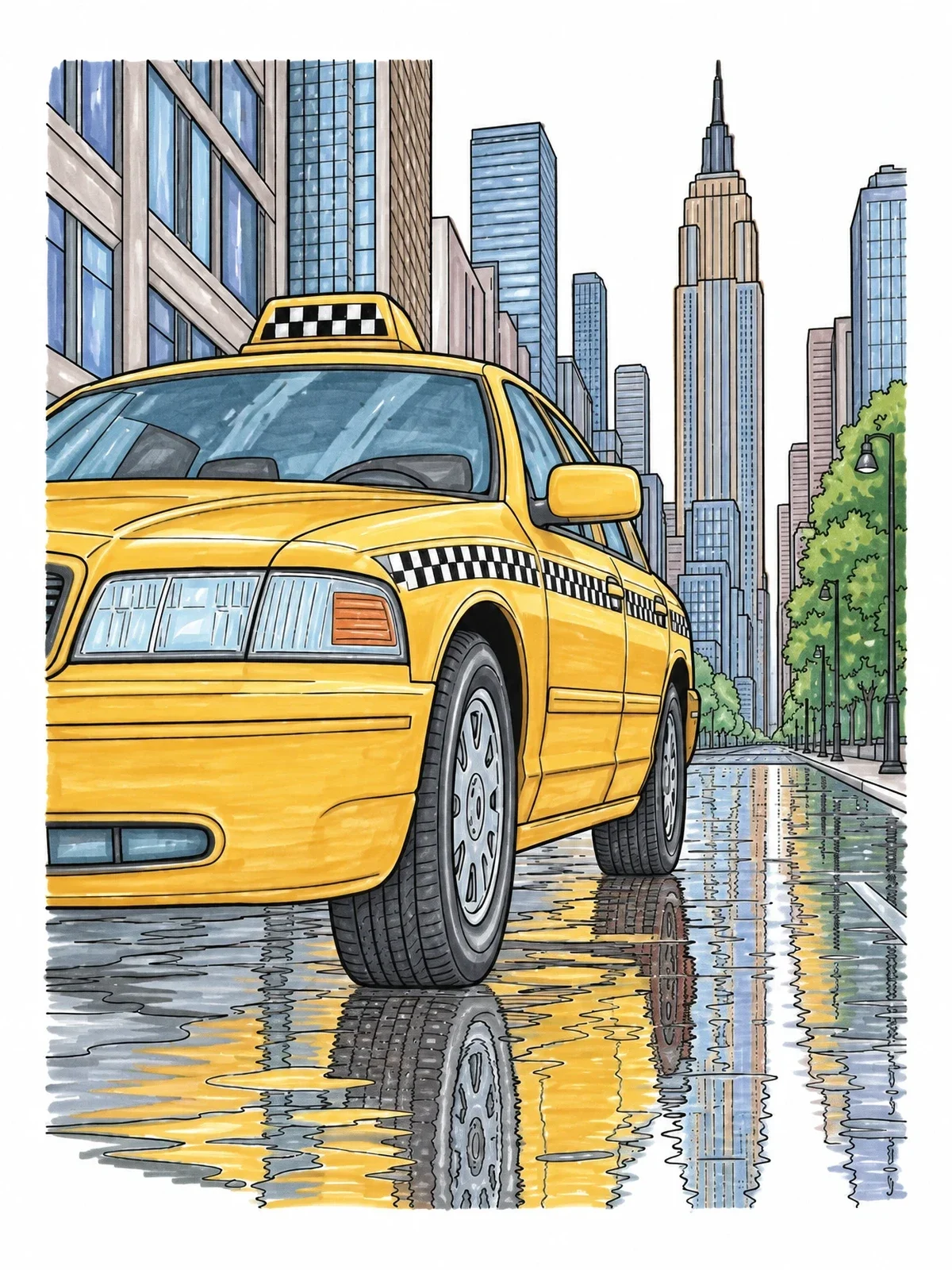 Colored example of the City Taxi On Wet Streets coloring page