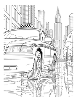 A realistic taxi coloring page showing a cab driving down a wet city avenue lined with skyscrapers.