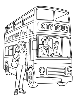 A friendly bus driver coloring page with a double-decker city tour bus and a passenger.