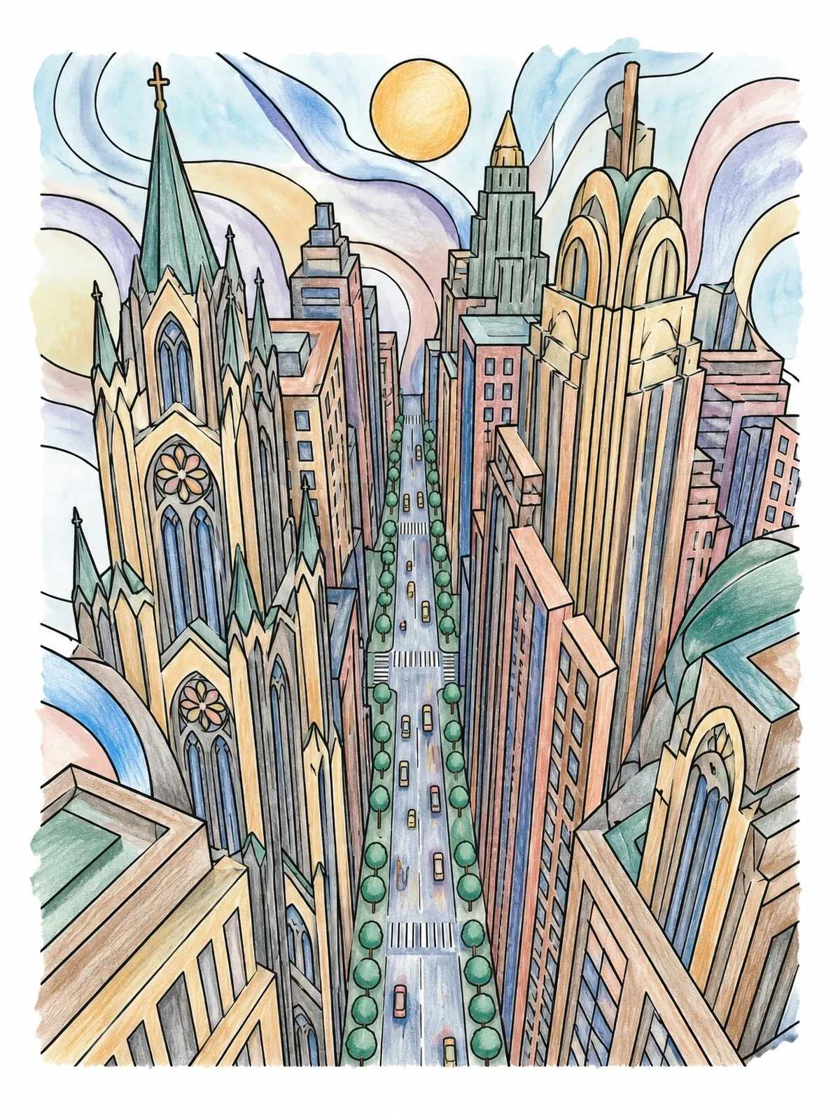 Colored example of the Urban Skyscraper Canyon View coloring page