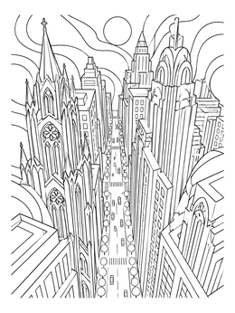 Detailed city coloring page showing a high-angle view of gothic spires and skyscrapers.