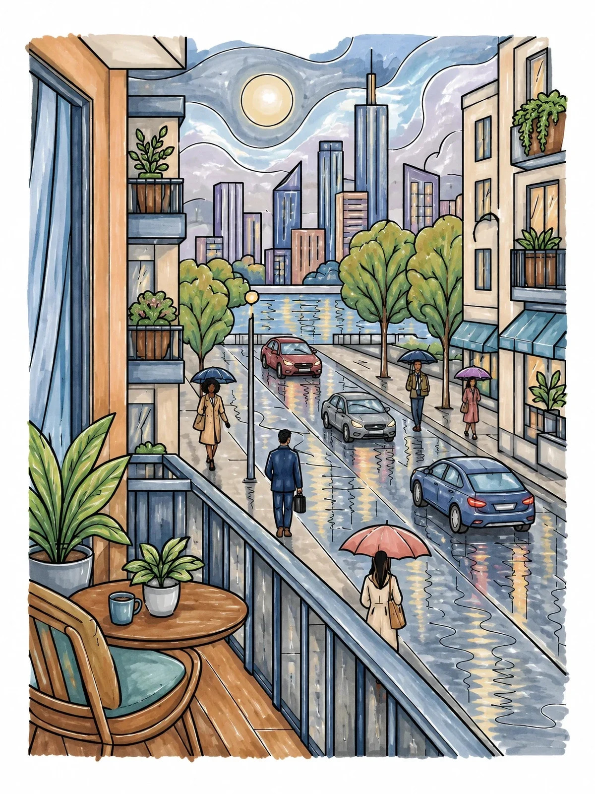 Colored example of the City View From Rainy Balcony coloring page