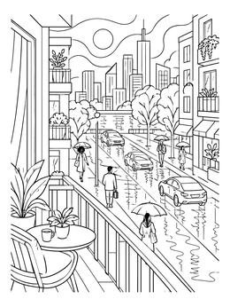 A bustling cityscape seen from an apartment balcony in this rainy day coloring page.