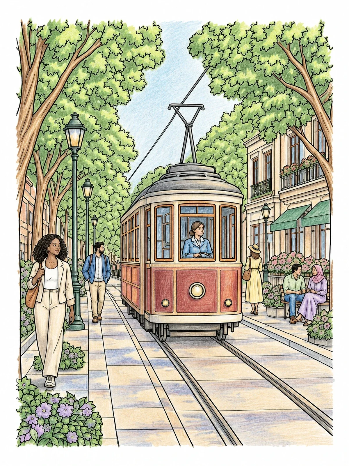 Colored example of the Vintage Tram On Tree Lined Boulevard coloring page