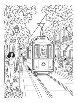 A vintage streetcar rides along a city coloring page surrounded by trees and pedestrians.