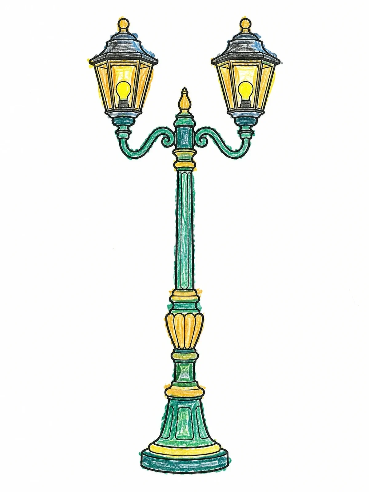 Colored example of the Vintage Twin Lantern Street Lamppost coloring page