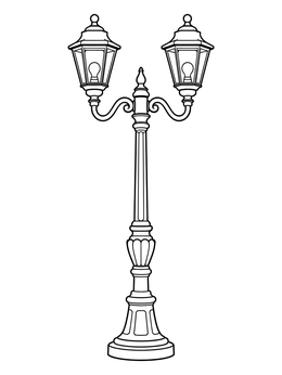 An ornate vintage street lamp with two lanterns on this city coloring page.