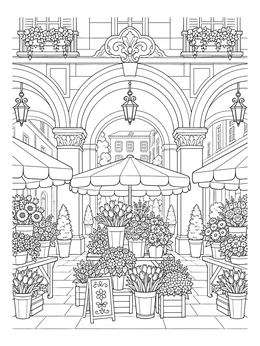 An arcade flower market in an urban setting featured on this cityscape coloring page.