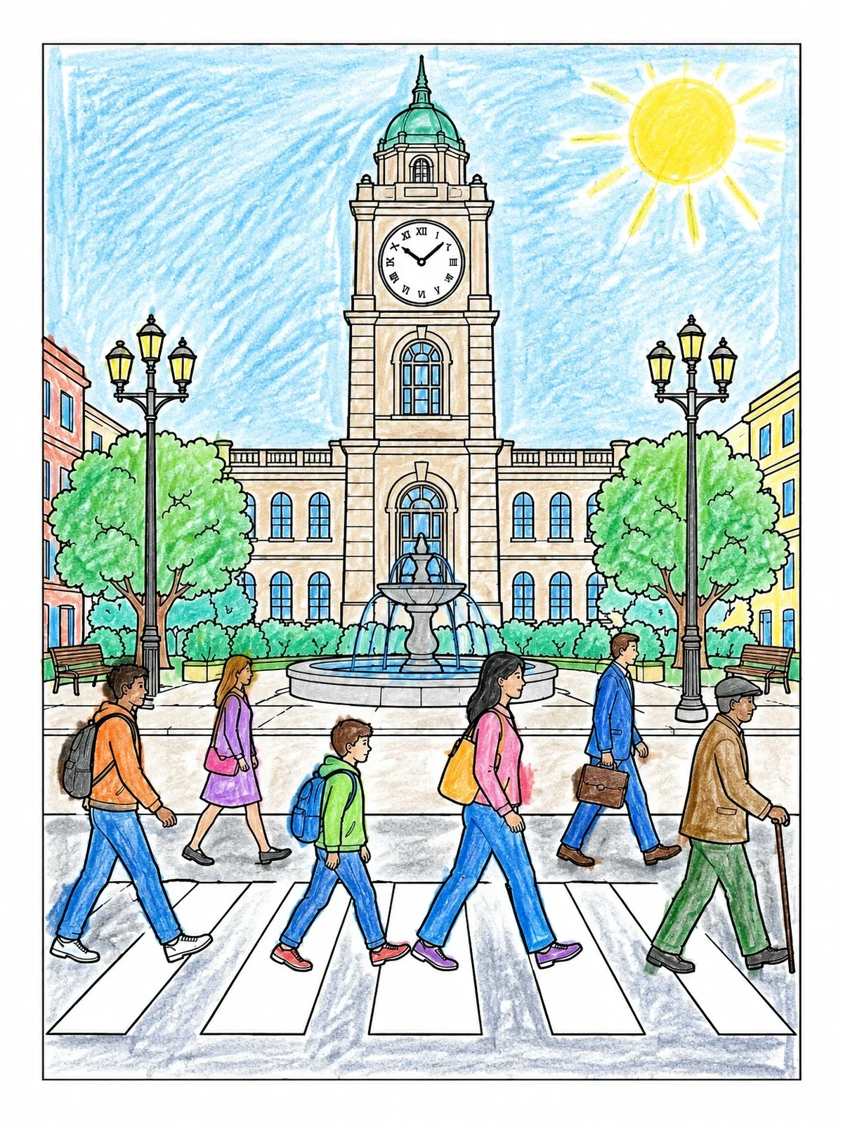Colored example of the Busy Plaza Crosswalk By Town Clock coloring page