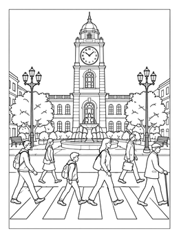 Pedestrians cross a street before a grand town hall in this cityscape coloring page.