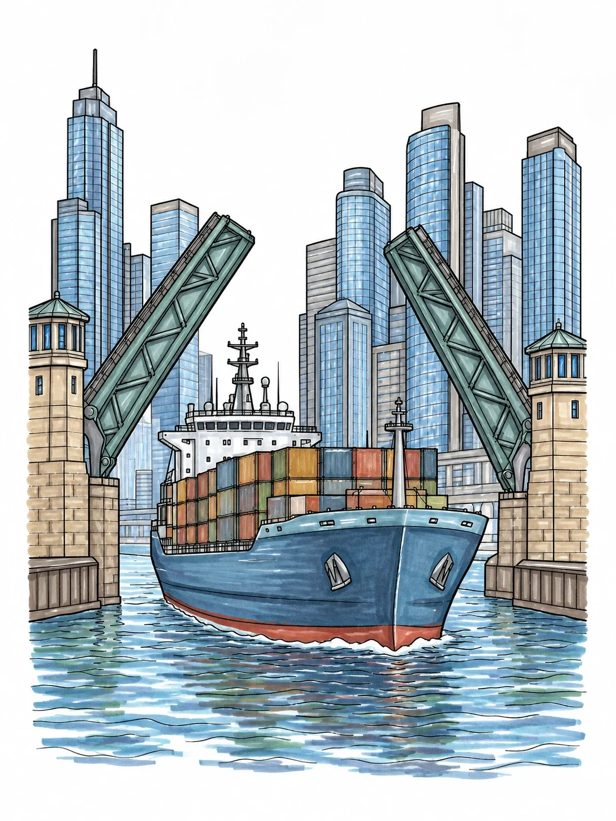 Colored example of the Cargo Ship Passing Open Drawbridge coloring page