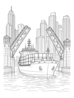 A large cargo ship maneuvers past an open drawbridge in this cityscape coloring page.
