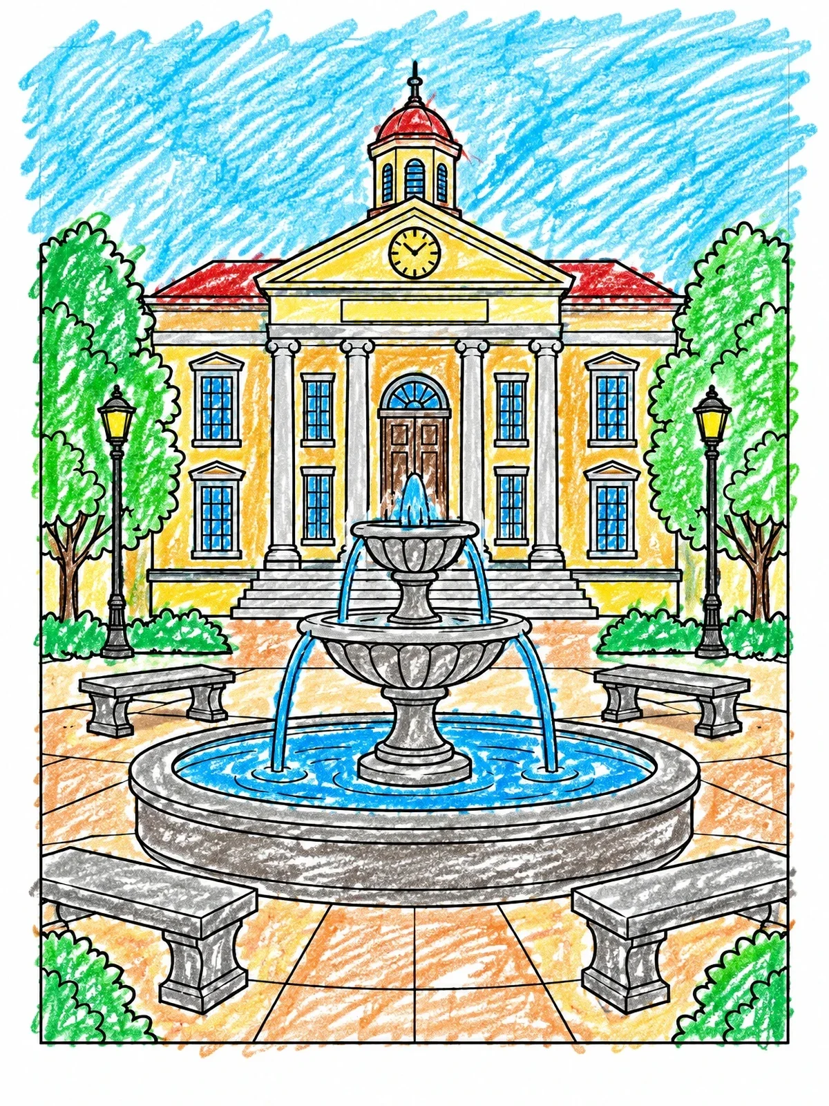 Colored example of the City Hall Plaza With Fountain coloring page