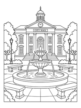 A peaceful cityscape coloring page featuring a classical city hall and a central tiered fountain.
