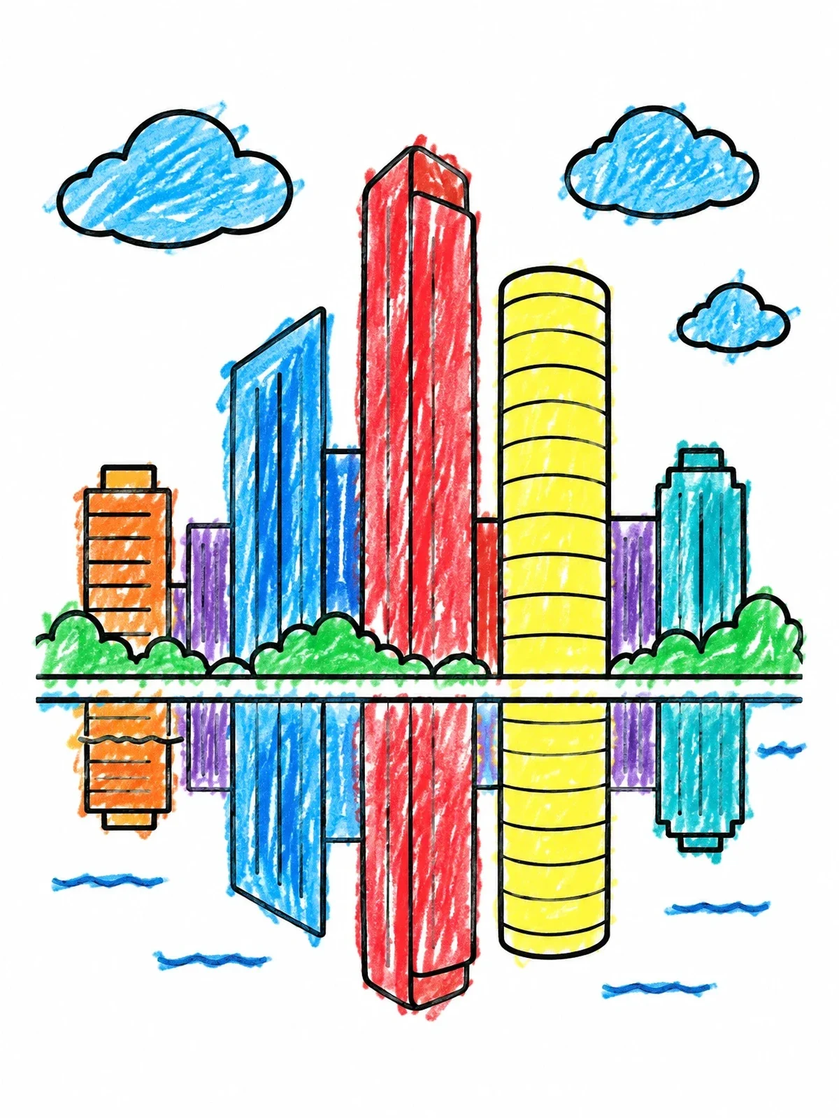 Colored example of the City Skyline Reflected In Calm Water coloring page