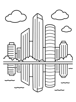 Free printable City Skyline Reflected In Calm Water coloring page