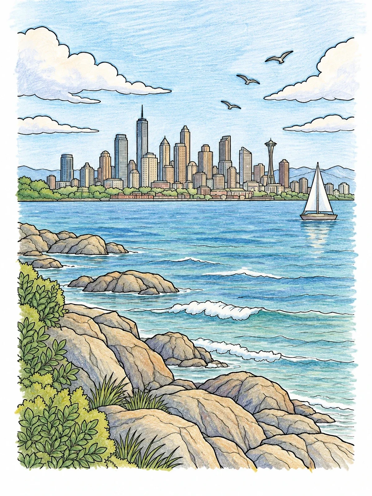 Colored example of the Coastal View Of Distant City Skyline coloring page