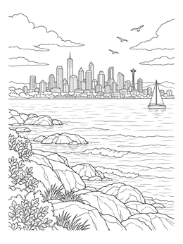 A peaceful cityscape coloring page showing a rocky shore and ocean waves facing a distant skyline.