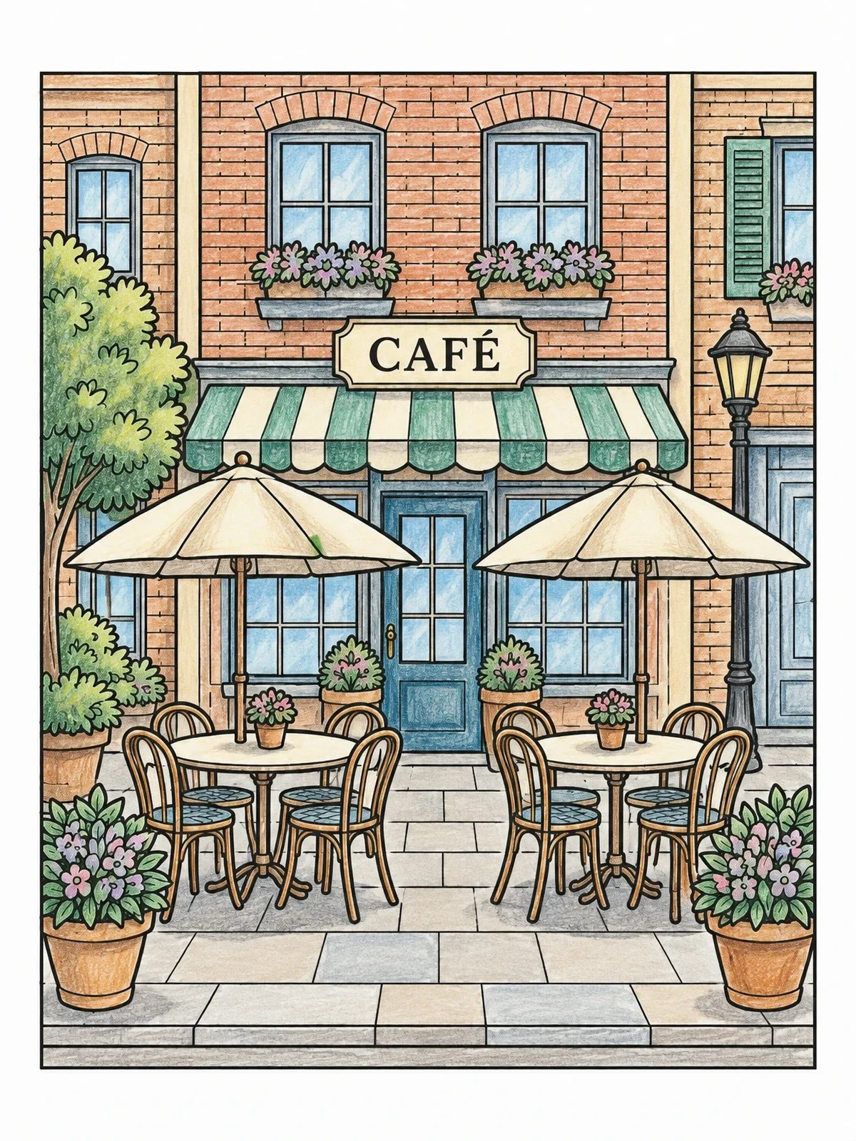 Colored example of the Cozy Sidewalk Cafe With Umbrellas coloring page