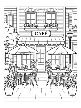 A charming sidewalk cafe terrace in this cityscape coloring page with tables and plants.