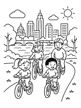 Free printable Family Bike Ride City Skyline coloring page