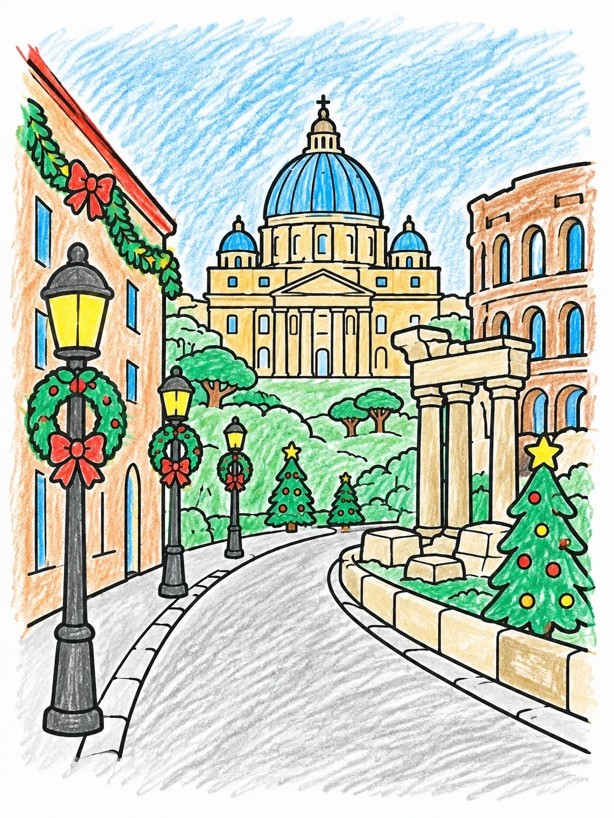 Colored example of the Festive Rome Street And Dome coloring page