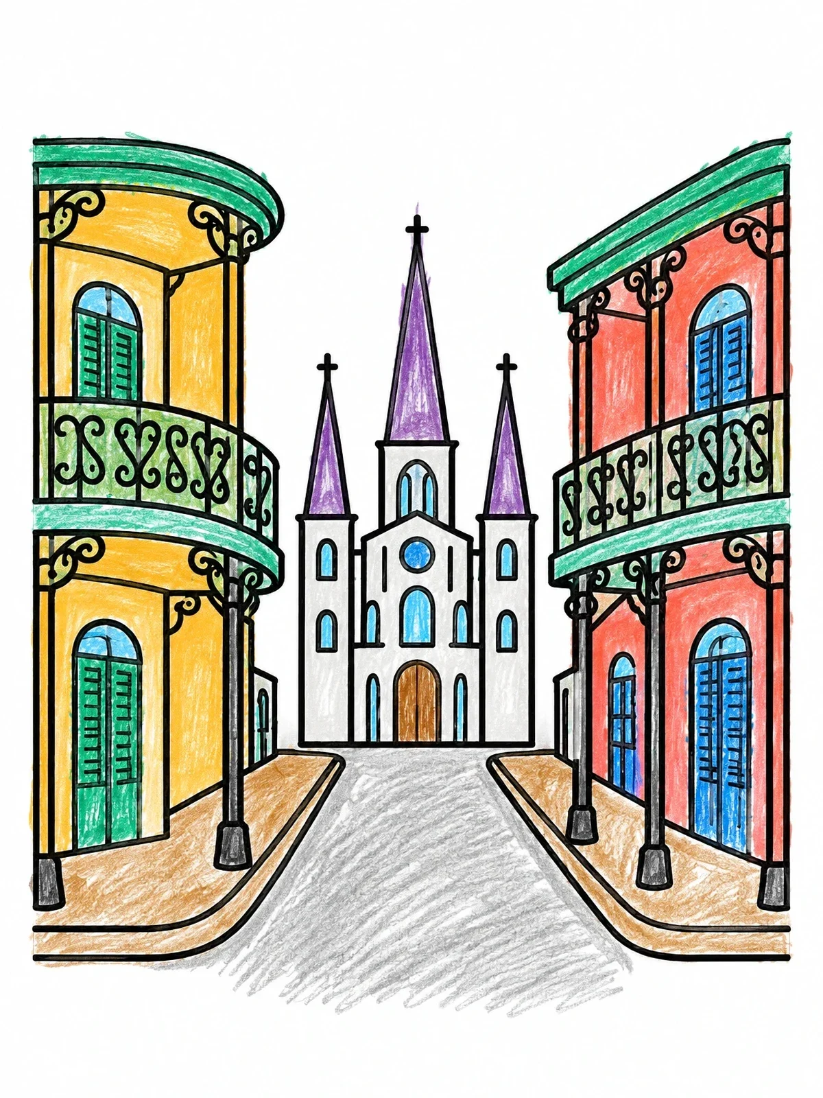 Colored example of the Historic French Quarter Street View coloring page