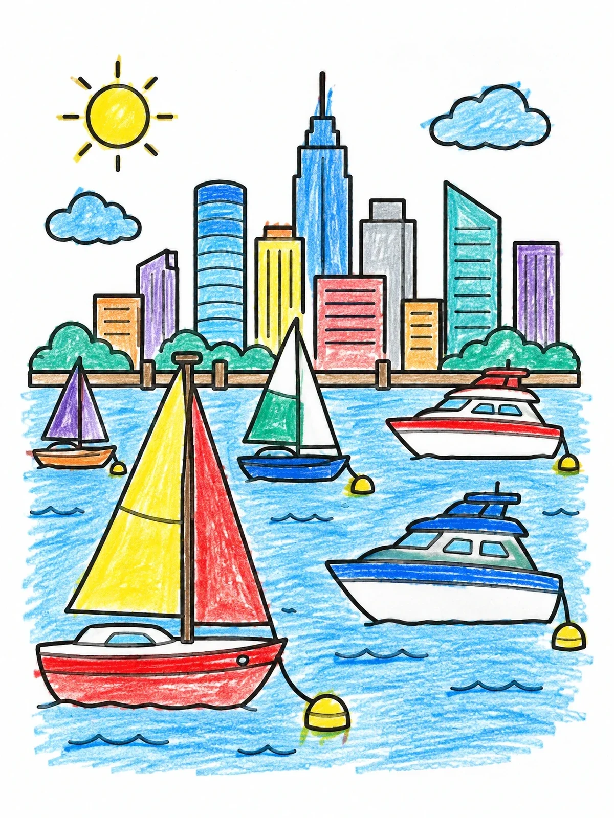 Colored example of the Harbor Boats And City Skyline coloring page
