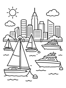 Free printable Harbor Boats And City Skyline coloring page