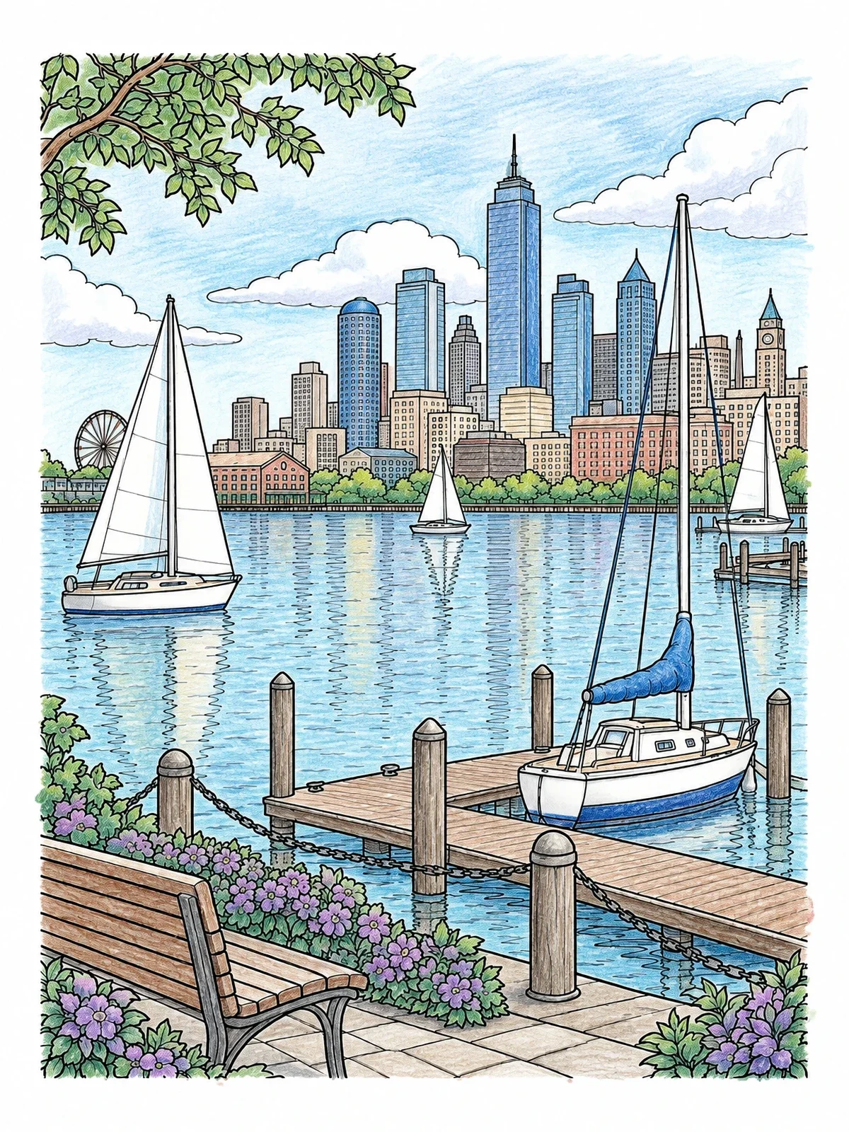 Colored example of the Harbor View With Sailboats And Skyline coloring page