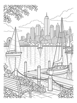 Boats dock by a promenade overlooking skyscrapers in this cityscape coloring page.
