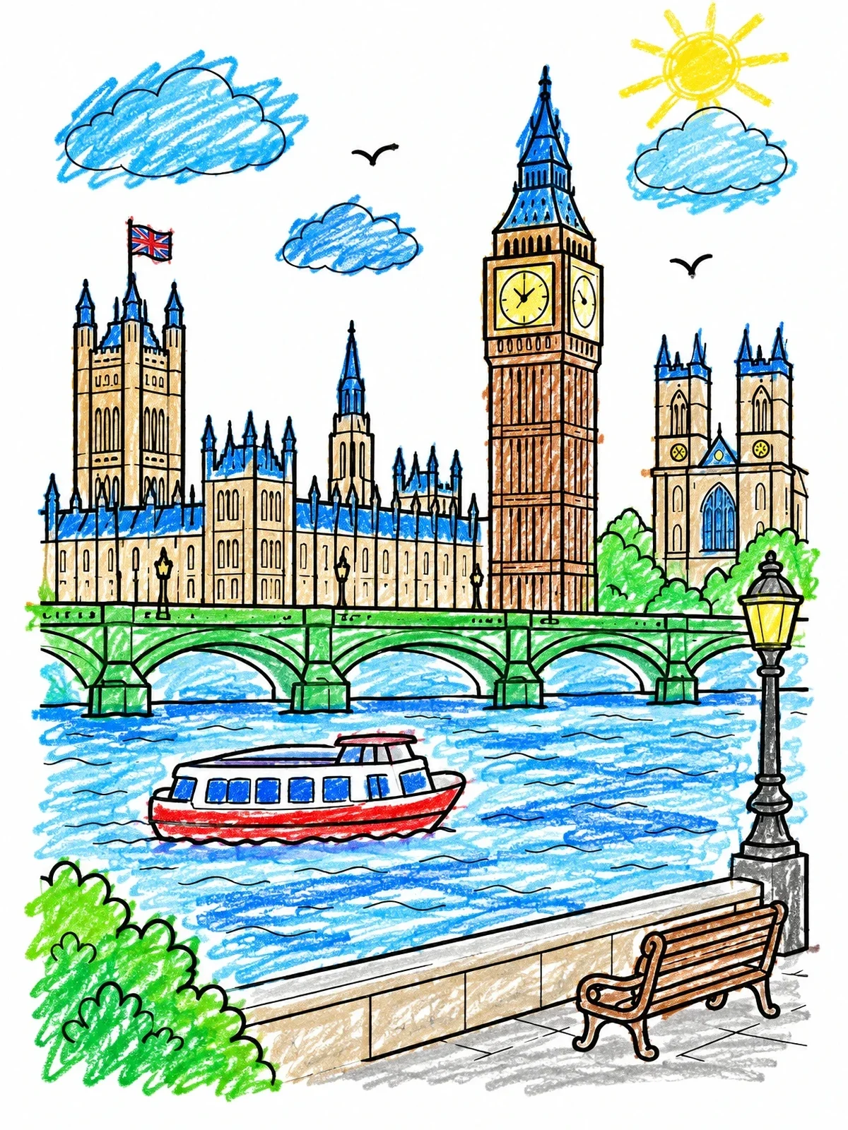 Colored example of the London River Thames Skyline coloring page