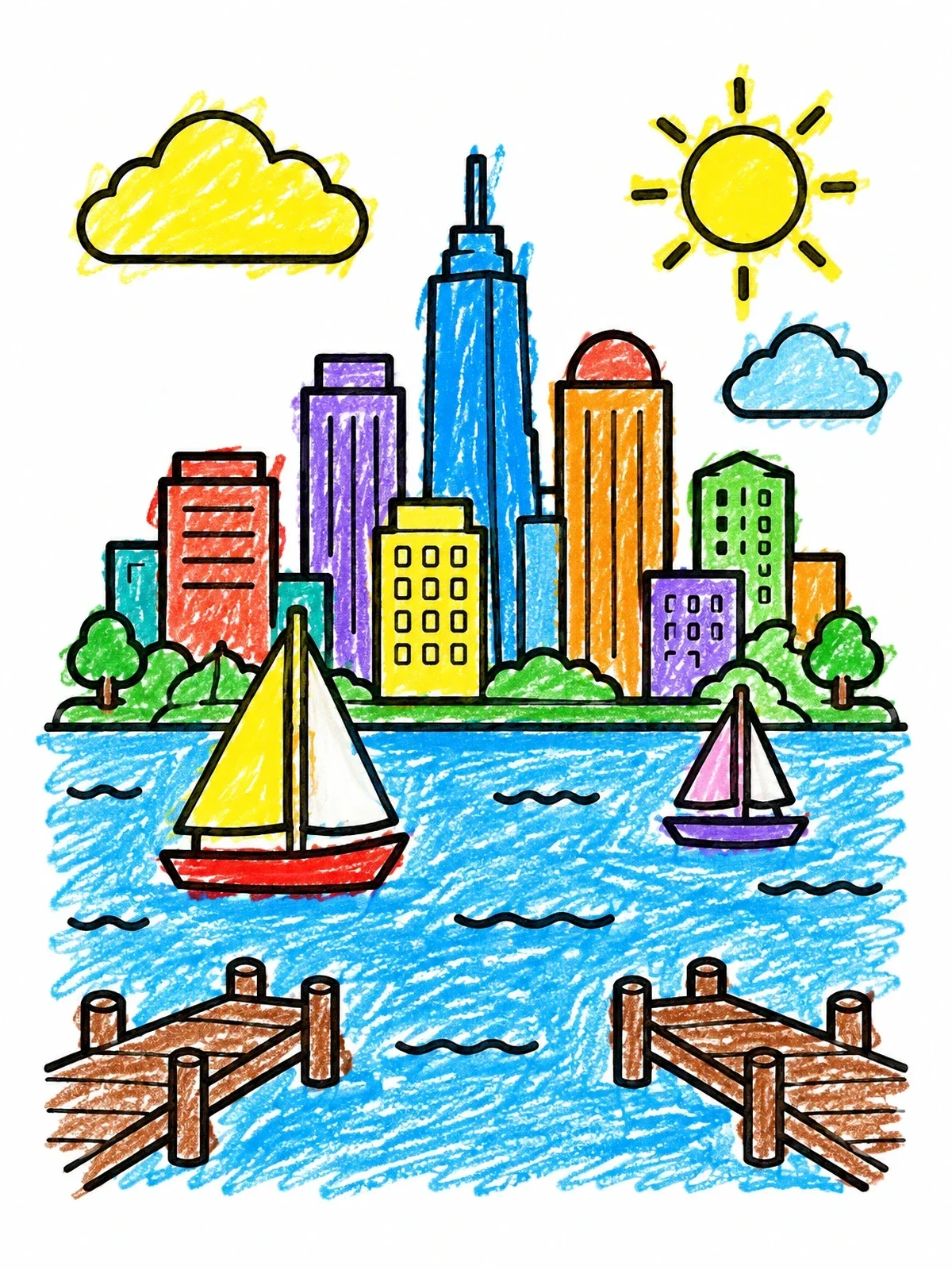 Colored example of the Sunny Waterfront Harbor City Skyline coloring page