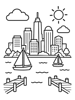 Free printable Sunny Waterfront Harbor City Skyline coloring page