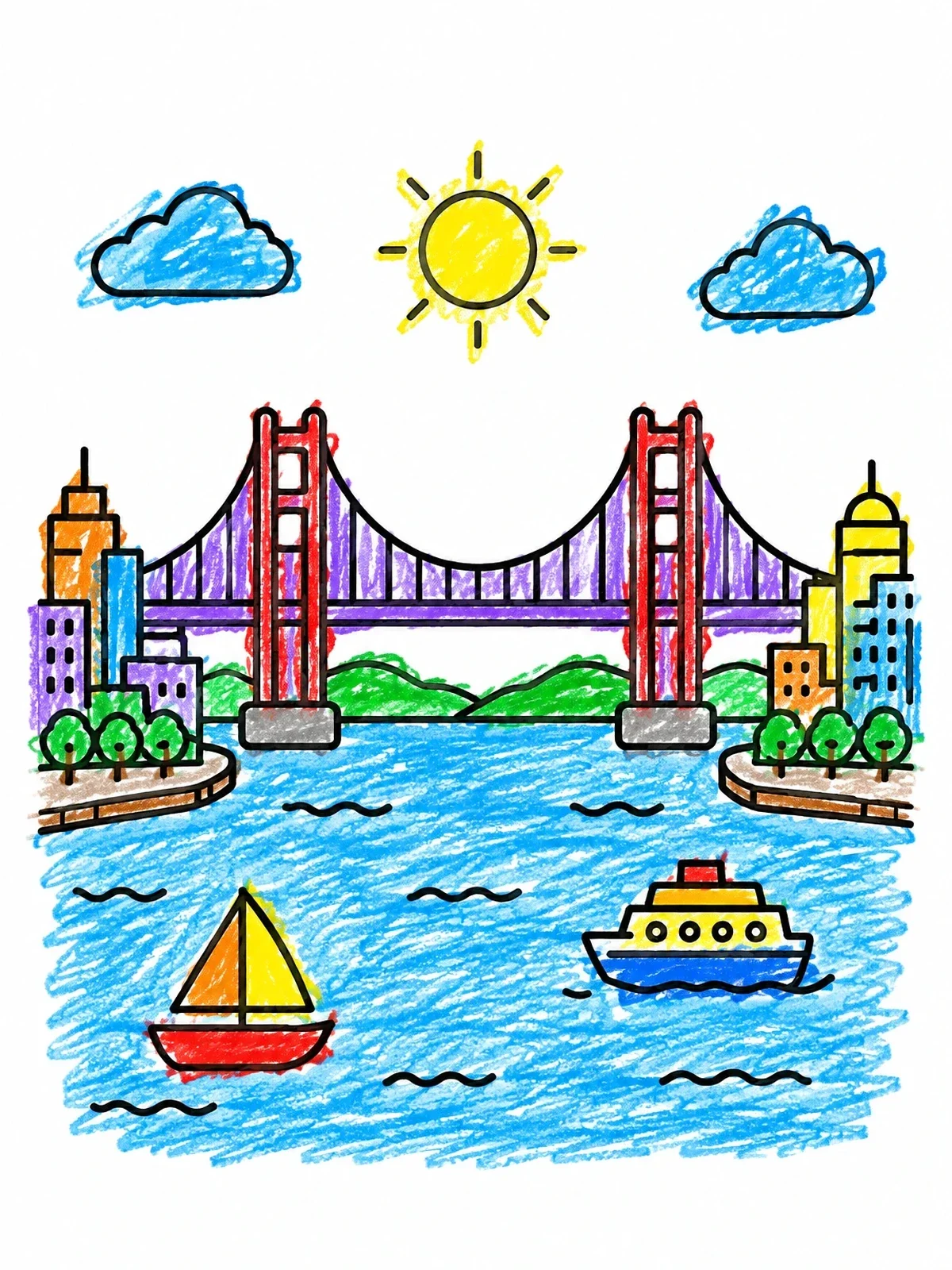 Colored example of the Suspension Bridge And Waterfront City coloring page