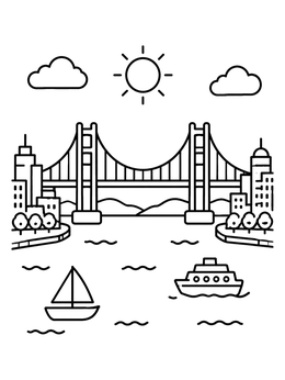 Free printable Suspension Bridge And Waterfront City coloring page